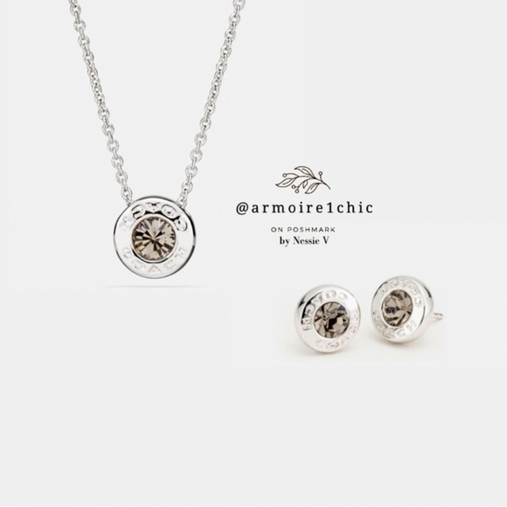 COACH | Open Circle Stone Necklace and Earrings Gift Box Set | Silver Toned